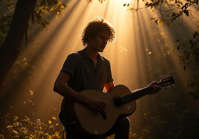 Musicien en séance photo dans un environnement naturel avec source lumineuse dramatique