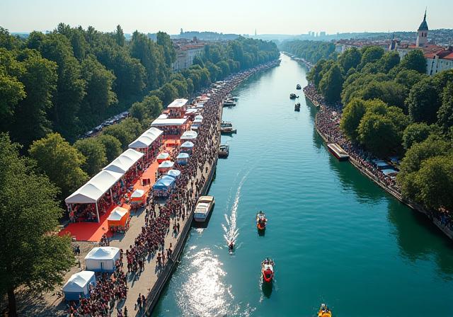 Vue aérienne immersive d’événement sur les quais de Saône durant l’été