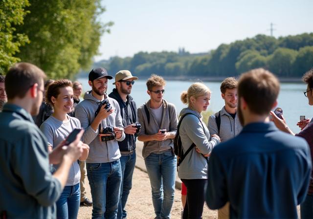 Groupe de participants enthousiastes à un atelier photo en plein air sur les quais de Saône
